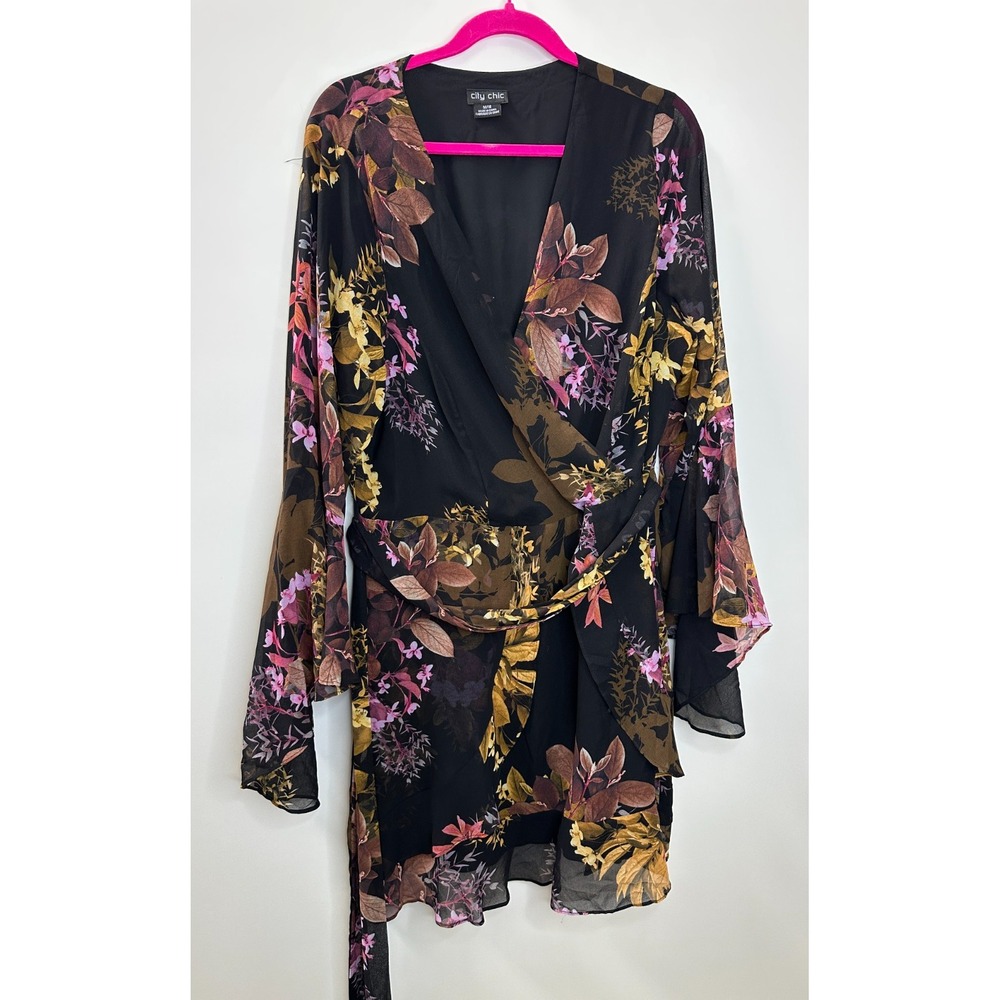 City Chic Malaga Floral Print LS Faux Wrap Dress Black Gold Plus Size 18 - Picture 2 of 12